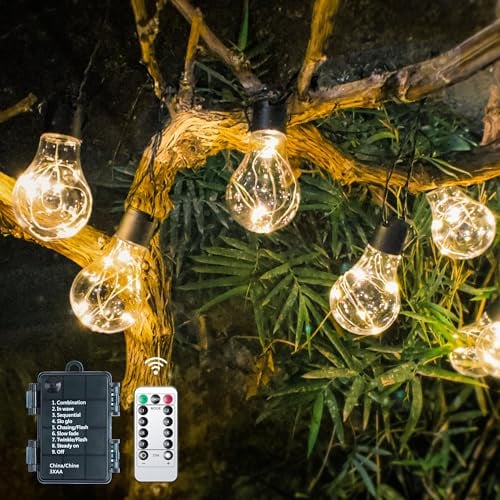 DSLebeen Outdoor Lichterkette Außen Batterie Timer 9M 12 Birnen A60 LED Fernbedienung Lichterkette mit 8 Modi IP64 Lichterketten für Fenster Treppen Gärten Pavillons Hochzeiten