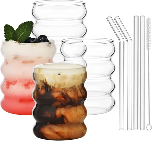 VITEVER Bubble Gläser Set mit Glas Strohhalm [4x 350ml] Für Eiskaffee, Wasser & Cocktails - Longdrinkgläser Set - Eiskaffee Gläser - Kaffeegläser - Iced Coffee Glas Kaffee Gläser Set - Bubble Glas