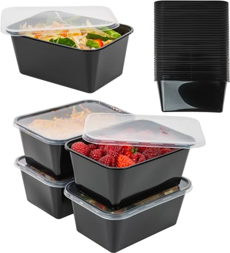Coselena 50Pcs Black Plastic Meal Prep Containers With Lids - 1000ml Microwave and Freezer Safe Takeaway Storage Boxes