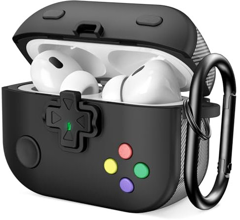 VISOOM Airpods Pro 2 Case Compatible with Airpods Pro 2 2022 Case Cover Cute Game Machine Shockproof Protective Case Soft TPU with Carabiner [Front LED Visible] (Black)