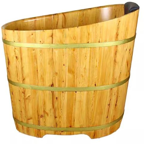 MegLob Wooden Bathtub Lit for Small Bathroom, Oval Shape Free Standing Solid Wood Bathtub, Japanese Style Compact Deep Soaking Tub with Stool, Tradtional Wooden Soaker Stand Alone Soaking Tub,Light