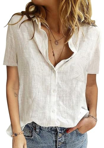 PASUDA Blusas de Mujer Algodón Camiseta Manga Corta Elegante Verano Camisa con Botón Cuello en V Casual Blusa Shirts Tunic Tops (Blanco, M)