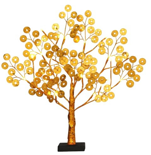 Geldbaum Feng Shui Gold Glücksbaum,Citrine Money Tree Pfennigbaum Kristall Feng Shui Deko with Glücksmünzen und Base für Reichtum Glück Hause Deko (1 Stück)