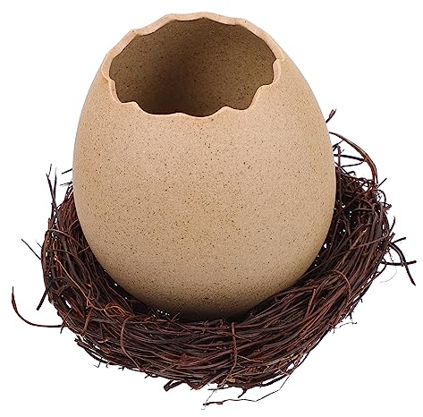 OFFSCH Keramik Vogelei Vase im Eier Design Pflanzgefäß aus Robustem Rattan für Zimmerpflanzen Drinnen Stilvolle Dekoration im Home Office