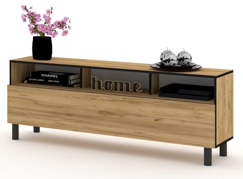 Euro Style TV-Schrank KING TV Lowboard Kommode Fernsehschrank Wohzimmer 100/120/140/160cm, Golden Eiche Craft mit Schwarz 140