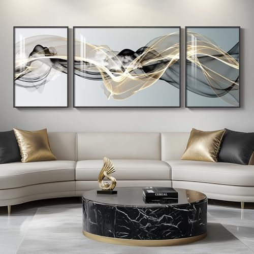 Extra große, gerahmte, moderne, luxuriöse abstrakte Wandkunst für Wohnzimmer, Set mit 3 minimalistischen schwarz-weiß-goldenen abstrakten Gemälden, Kunstwerk für Wände, große Kunstdrucke, Bilder für