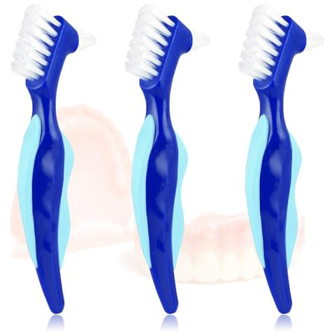 Harte Prothesenbürste 3 Stück Premium Hygiene Prothesenreinigungsbürste Doppelseitige Zahnbürste Mit Mehrschichtigen Borsten Rutschfestem Gummigriff für Die Reinigung Falscher Zähne(Blau)