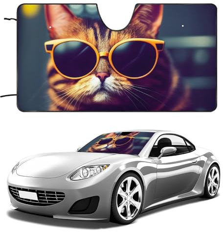 Hixingo Parasol de Coche para Parabrisas, Parasol Parabrisas Delantero Plegable, Gato Impresiones Personalizado Automotriz Protección UV, para Mayoría de Coches (70x130cm,Gato Naranja)