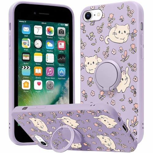 Yoedge Phone case for iPhone 8/SE 2022/7/SE 2020 4.7 inch, 360°Magnetic Ring Holder Kickstand Soft Silicone TPU Shockproof Anti-Scratch Protective Resistant Fashion Cat Flower Pattern for iPhone 7