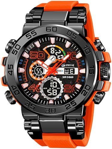 findtime Bunte Uhren Herren 5ATM Wasserdicht Digitaluhr mit Doppelzeit 12/24H Anzeig LED Datum Stoppuhr Große Herrenuhr Cooles Militär Design Orange