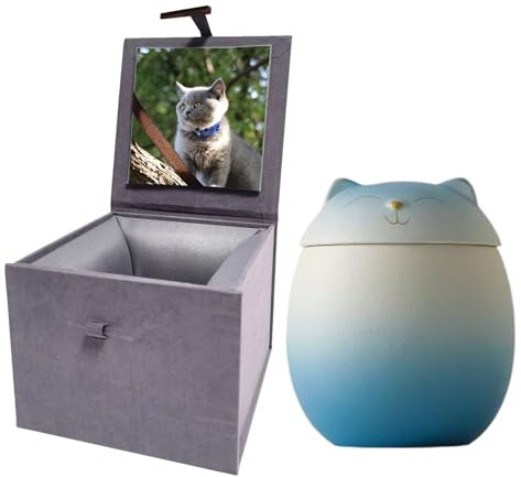 Umberdom Katzenurnen für Asche, matte Keramik, Katzenasche-Urnen, handgefertigt, Haustiere, Asche, Urnen, Andenken, Gedenkgeschenk, Aschenhalter mit Box (blau + weiß, groß)