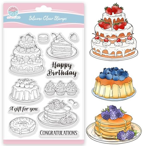 GLOBLELAND Klare Stempel Mit „Happy Birthday“ Kuchen für Scrapbooking Donuts Cupcakes Silikonstempel Glückwunschwörter Transparenter Stempel für Die Kartengestaltung DIY Prägung Journaling