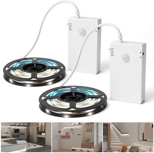 SOAIY 2erSet LED Streifen 2M Lichtband mit Bewegungsmelder Batteriebetrieben Schrankbeleuchtung LED Band Tag/Nacht Modus Treppenlicht für Küche Kleiderschrank Flur Treppe Bett Schlafzimmer Kaltweiß