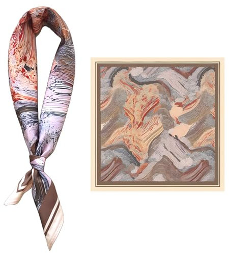 GIMIRO Männer simulierte Seidenschal 53x53cm Damen Satin Halstuch mit Abstraktem Muste Beige-Grau-Koralle (Orange Purple Coffee Gray)