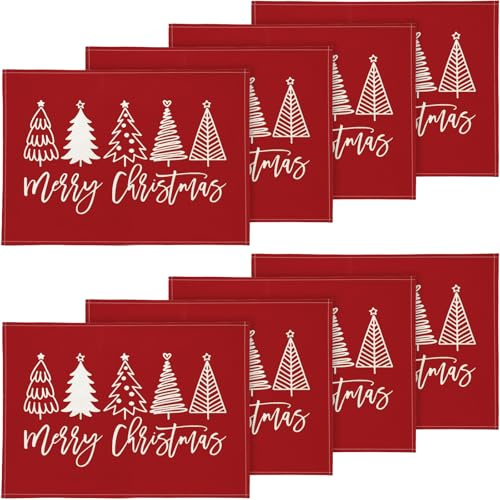 YCOLL Platzset Weihnachten 8er Set Weihnachtsdeko Tisch Tischsets Platzsets Abwaschbar Platzdeckchen Rot Weihnachtsuntersetzer für Drinnen und Draußen Esszimmer Party Dekoration 30x45cm