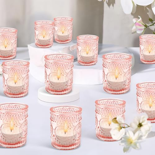 24 Stück Rosa Glas Teelichthalter, 6 x 7 cm Teelichter Teelichtgläser für Hochzeit Deko, Prägung Kerzenhalter Windlicht Votivgläser für Kirche Geburtstag Esstisch Zuhause Weihnachte (Säule)