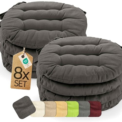 etérea 8er Set Sitzkissen Outdoor 38x38 Rund mit Bändern - Stuhlkissen Anthrazit für Gartenstuhl & Innenbereich - waschbare Sitzauflagen Gartenmöbel - 8 Stück Kissen 38x38 cm - Anthrazit