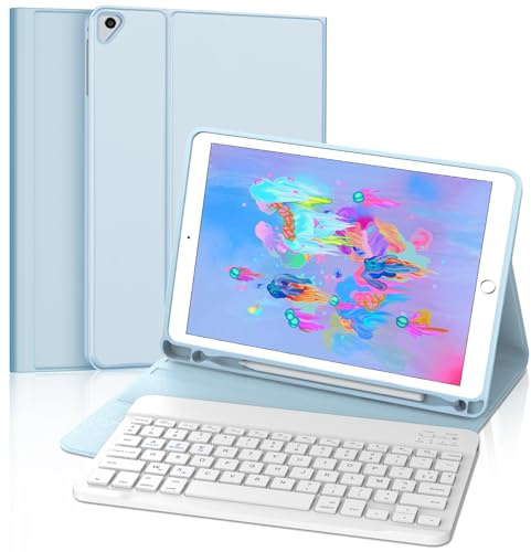 FOGARI Coque Clavier pour iPad 6/5éme Generation 2018 2017/Pro 9.7/Air 2/1 - Clavier Azerty Français sans Fil DéTachable, Coque avec Porte Crayon pour iPad 9.7 Pouces, Bleu
