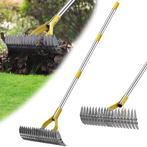 Thatch Rake,114 cm Lawn Thatching Rake for Cleaning Dead Grass, 17 Inch Wide Heavy Duty 19 Teeth Steel Moss Rake for Lawn, Landscaping Raking Garden Tools for Lawn Care Loosening Leveling Soil Mulch