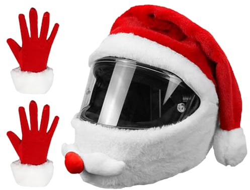 Weihnachtsmann Motorradhelm Überzug Plüsch, Weihnachten Motorrad Helmbezug mit Weihnachtshandschuhe, Weihnachtsmann Motorradhelm Abdeckung, Weihnachtsmütze Helm für Weihnachten