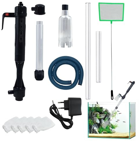 Elektrischer Mulmsauger Aquarium mit ausziehbarem Rohr, Aquarium Sauger und Wasserwechsler Set, Multifunktionaler Reiniger für Wasserwechsel und Bodengrundpflege mit 5 Filterbeuteln und Fischnetz
