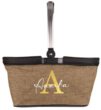 AWASG Einkaufskorb faltbar personalisiert, Einkaufstasche Buchstabe mit Name, Personalisiertes Geschenk Tragekorb Alurahmen, 20L braun