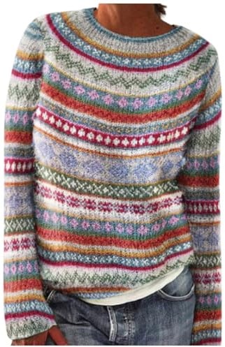 Norweger Pullover Damen Bunte Kaschmir Cashmere Pullover Y2K Vintage Geometrische Plaid Sweater Langarm Loose Rundhals Strickpullover Casual Sweatshirt Pulli Elegant Jumper Oberteile Oversize