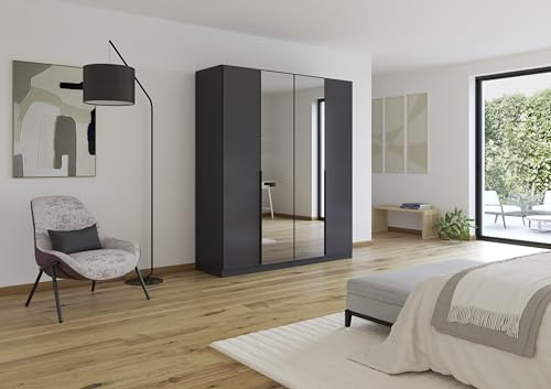 Rauch Möbel Skyla, Kleiderschrank, Farbe Grau metallic, Breite 181 cm | Schrank, 4-türig, mit Grauspiegel, für Schlafzimmer, Kinderzimmer, Jugendzimmer, Wohnzimmer, Garderobe, Flur