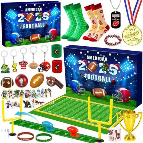 Fußball-Adventskalender 2025 für Kinder – 24 Tage American Football-Thema-Partygeschenke mit Fußballfeld, für Teenager, Jungen, Mädchen, Teenager, Baseball, Fußball, Weihnachten, Countdown-Geschenke