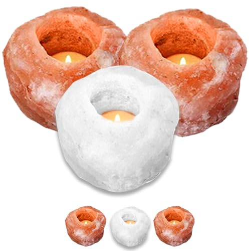 3er-Pack Kerzenhalter aus Himalaya-Salz, Teelichthalter, Rosa, Weiß, Grau, Himalaya-Kristall, Steinsalzlampe, Teelicht-Kerzenset, heilende ionisierende Teelichter (2 Rosa + 1 Weiß, 3 Stück)
