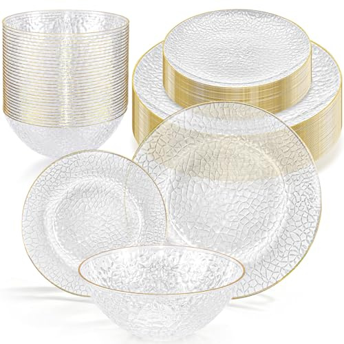 90 Pcs Reusable Clear Plates and Bowls Set for 30 Guests Hammered Clear with Gold Rim Heavy-Duty Christmas Include 60 Plastic Plates, 30 Bowls for Wedding, Party (Transparent)