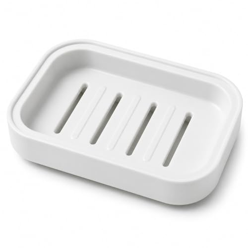 White Plastic Soap Dish with Drainage – Small Self-Draining Soap Holder, Non-Slip & Easy to Clean – Fast-Dry Tray for Bathroom, Shower, Kitchen Sink