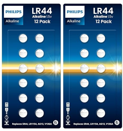 PHILIPS LR44 Batteries 24 Count, Replaces AG13 A76 l1154f 357 303 SR44 AG13 LR41 Button Batteries - 1.5v Ultra Alkaline Button Cell Battery, Perfect For Thermometers, Lasers, Watches, Medical Devices.