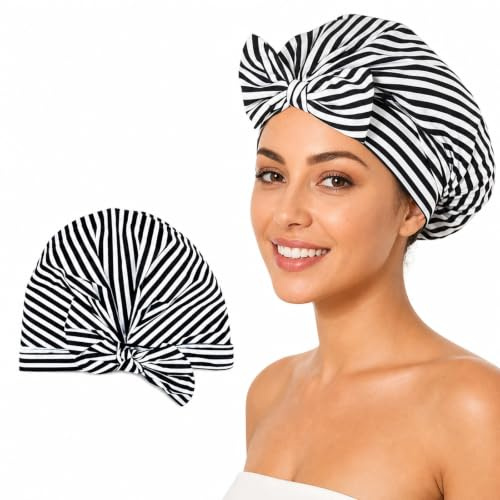 Waterproof Shower Cap for Women with Elastic Fit and Bow Detail | Waterproof Hair Cap for Shower,Reusable Satin-Lined Shower Hat,Fits Long Short Hair Curly Hair