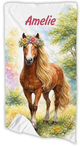 Unikatolo Badetuch Handtuch Kinder mit Name personalisiert, Reiten, Reiterhof, Mädchen, Geschenkidee Kinder, Tiere, Geburtstag, Ostern, Weihnachten (Pferd 2, 70 x 140 cm)