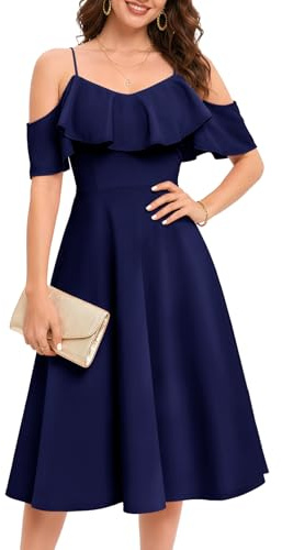 Fynadressr Women's Off Shoulder Midi Dress with Spaghetti Straps Elegant Bridesmaid Cocktail Party Wedding Guest Dress Navy M