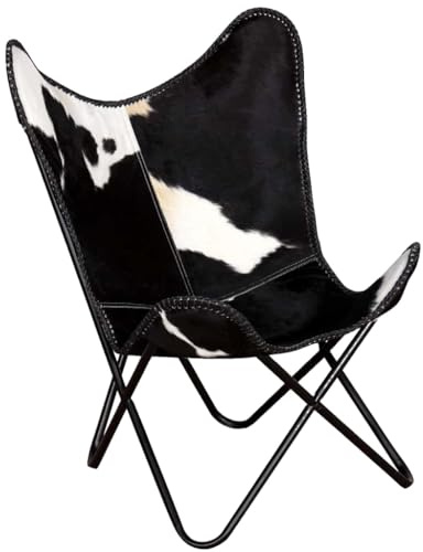 QJBSAVVA Butterfly-Sessel aus echtem Kuhfell, Vintage Loungesessel Schwarz-Weiß, Ergonomischer Schmetterling-Stuhl mit Eisenrahmen, Klassischer Echtleder-Sessel für Wohnzimmer, 74x66x90 cm