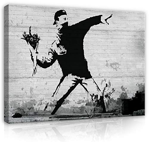Forwall - Leinwand Bilder - Hooligan mit Blumen Bansky - 100x75 cm Leinwandbilder - Bild auf leinwand - Wandbild XXL groß Wandbilder für Wohnzimmer Schlafzimmer Wohnzimmerbilder Modern