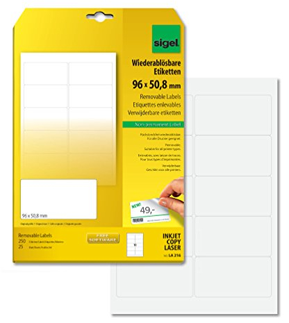 SIGEL LA216 Etiketten selbstklebend, bedruckbar, wieder rückstandsfrei ablösbar, weiß, 96 x 50,8 mm, 250 Etiketten = 25 Blatt, abgerundet