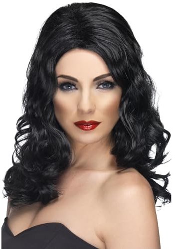 Smiffys Glamorous Wig, Black Long and Wavy, Ladies Glamour Wigs Fancy Dress, Adult Dress Up Wigs