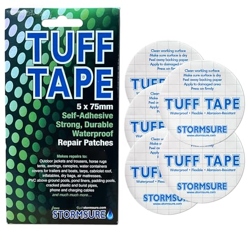 TUFF Tape 5 x 75 mm rundes Flickenpaket – wasserdichte, selbstklebende, langlebige Flicken für aufblasbare Reparaturen