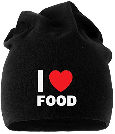 MoonWorks Jersey Beanie I Love Food Herz Mütze Bedruckt Herren Damen Schwarz Unisize