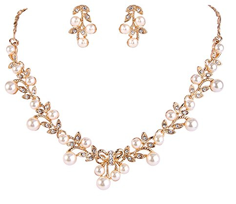 EVER FAITH Kristall Simulierte Perle Hochzeit Blatt Rebe Bowknot Halskette Ohrringe Set Klar Gold-Ton