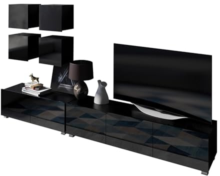 Mirjan24 Wohnwand Calabrini XVIII, Anbauwand, Mediawand, 2X TV Lowboard, 4X Hängeschrank, Fernsehschrank, Wohnzimmerschrank (Schwarz/Schwarz Hochglanz)