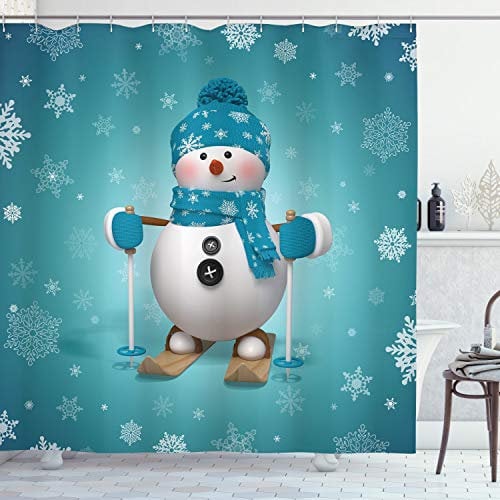 ABAKUHAUS Schneemann Duschvorhang, Skifahren Schneeflocken Fun, Stoffliches Gewebe Badezimmerdekorationsset mit Haken, 175 x 180 cm, Pale Brown Türkis