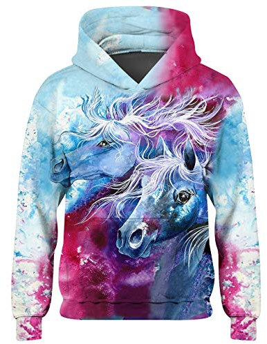 Freshhoodies Unicorn Hoodies For Boys Girls Colourful Horse Funny Long Sleeve Hooded Pullover Sweatshirts Hoodies For Teenage Girl 6-8 Years (L)