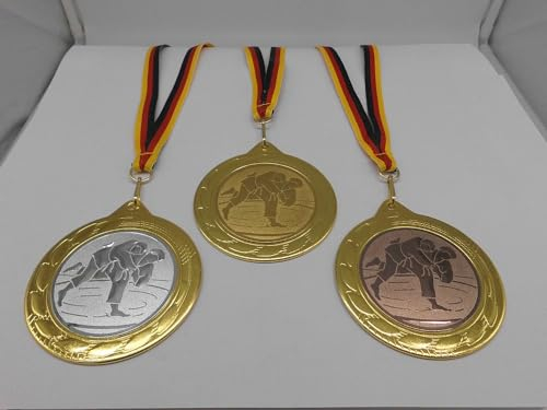 Fanshop Lünen Judo 3 Stück Medaillen Große Metall 70mm - Gold - Kampfsport - mit Medaillen-Band - mit Emblem 50mm -Gold, Silber, Bronce - Medaillenset - Turnier - (9302)