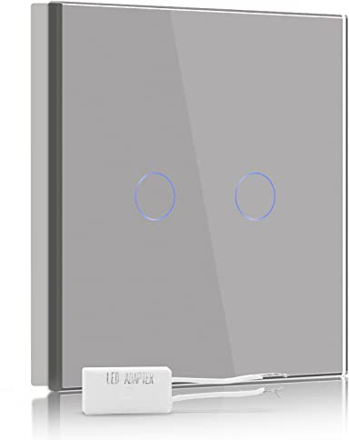 BSEED Dimmer Schalter Led Dimmer Touch Lichtschalter 2-fach 1 weg Glas Touch Schalter Grau Touchscreen-Funktioniert mit dimmer LED-Glühlampen