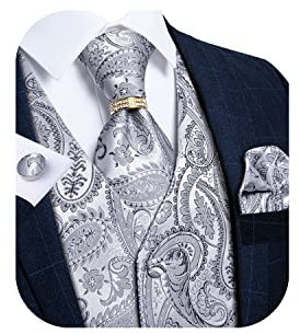 DiBanGu Herren-Anzugweste, formelle Herrenweste, Paisleymuster, Jacquard-Weste, Einstecktuch, Set mit Bindering, Hochzeit, Party, 5 Stück, 01-a Silber, Large