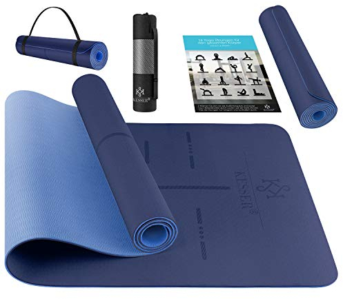 KESSER® Tappetino da ginnastica con cinghia di trasporto Tappetino da yoga in TPE imbottito antiscivolo e Tappetino da fitness antiscivolo, 183 x 61 Tappetino da allenamento extra spesso, scuroblu/blu